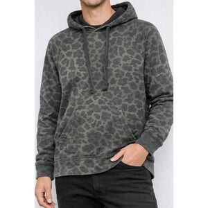 Osklen Mens Leopard Print Hoodie Dark Green Gray Cotton Pullover 58271 Large